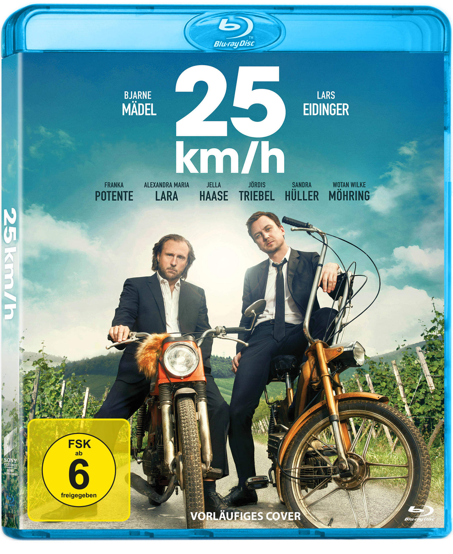Filmcover mit zwei Männern auf Mopeds. Titel ist 25 km/h. Blu-ray Disc Logo in der Ecke.