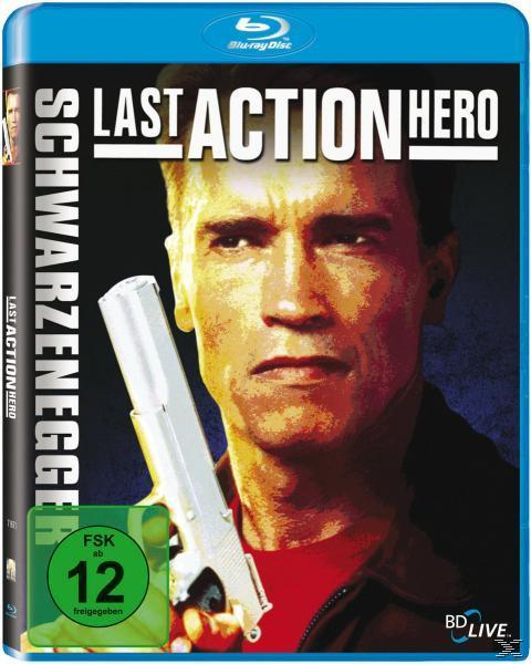 Filmcover: Arnold Schwarzenegger hält eine Waffe, Titel 'Last Action Hero'.