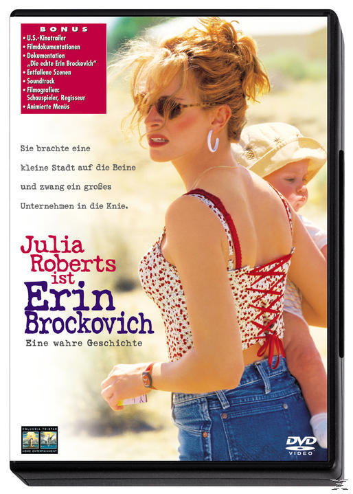 DVD-Cover von Erin Brockovich, mit Julia Roberts, die ein Kind hält, vor einer Wüste.