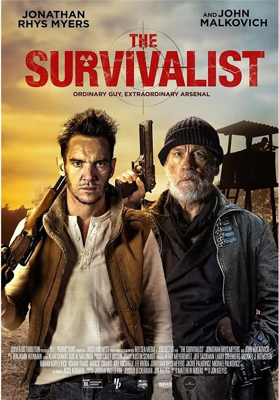 Affiche de film, deux hommes avec des armes. Texte : The Survivalist, Jonathan Rhys Meyers et John Malkovich.