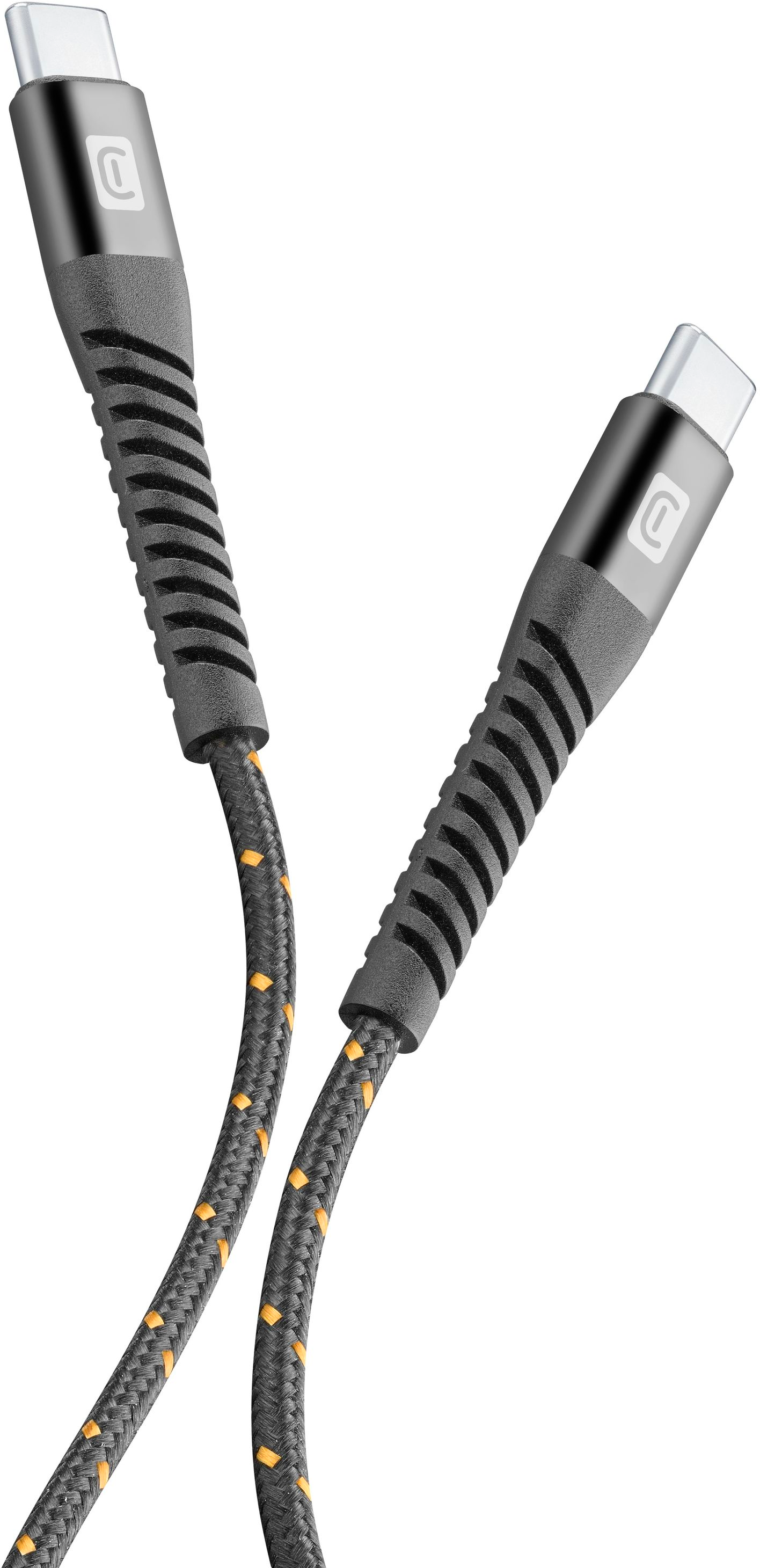 Deux câbles USB-C noirs et gris, avec des accents oranges.