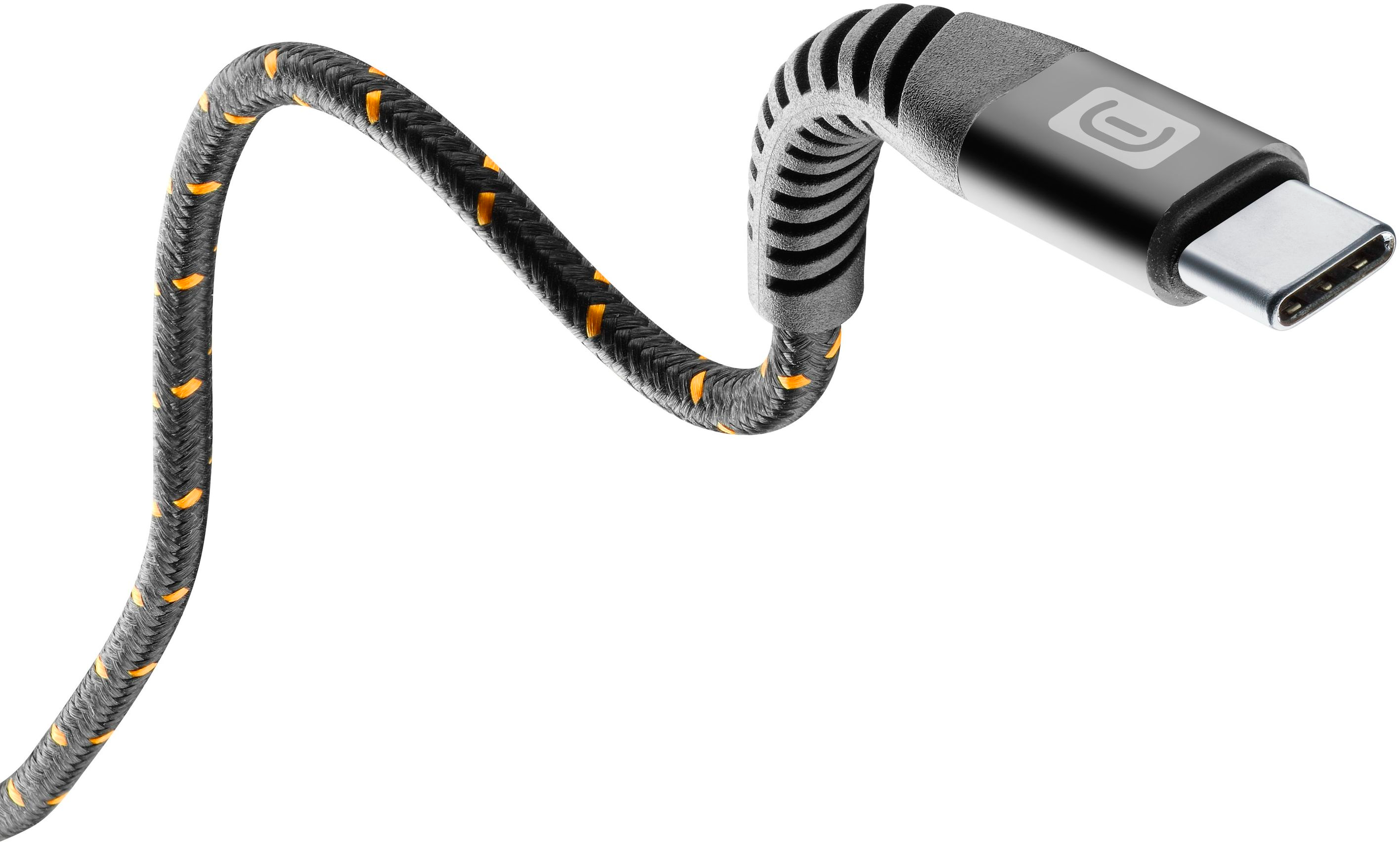 Un câble USB-C noir avec une gaine texturée et à motifs et un connecteur métallique à l'extrémité.