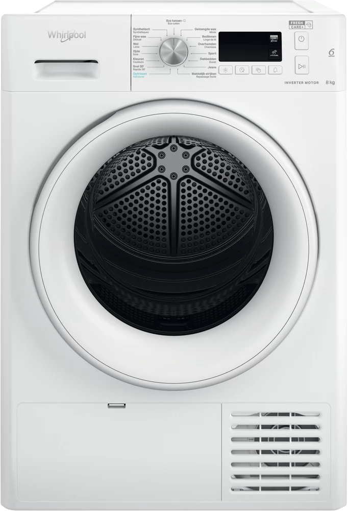 Witte Whirlpool droger. Het heeft een ronde deur en diverse knoppen.