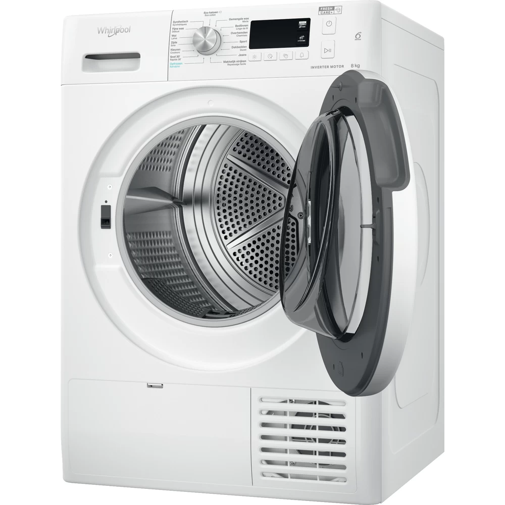 Witte Whirlpool droger met open deur, die de binnentrommel toont. De deur is grijs.