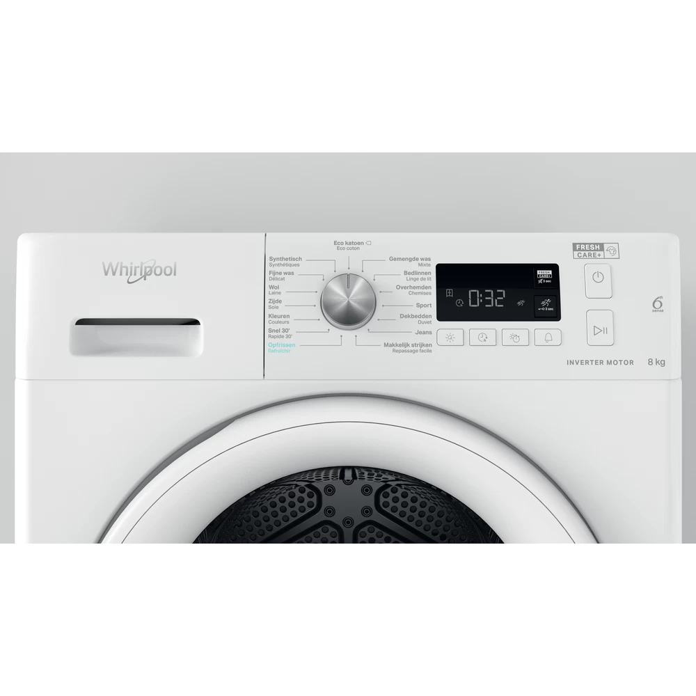 Wit bedieningspaneel van de Whirlpool wasmachine. Display toont 0:32 en andere instellingen.
