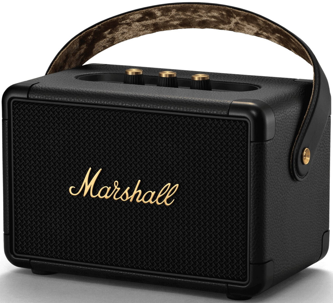 Black Marshall speaker with gold accents and handle.