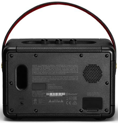 Black Marshall speaker back view. Black background with details, buttons, and a handle.