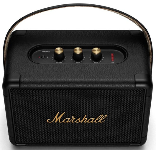Black Marshall speaker with gold knobs and a leather handle.