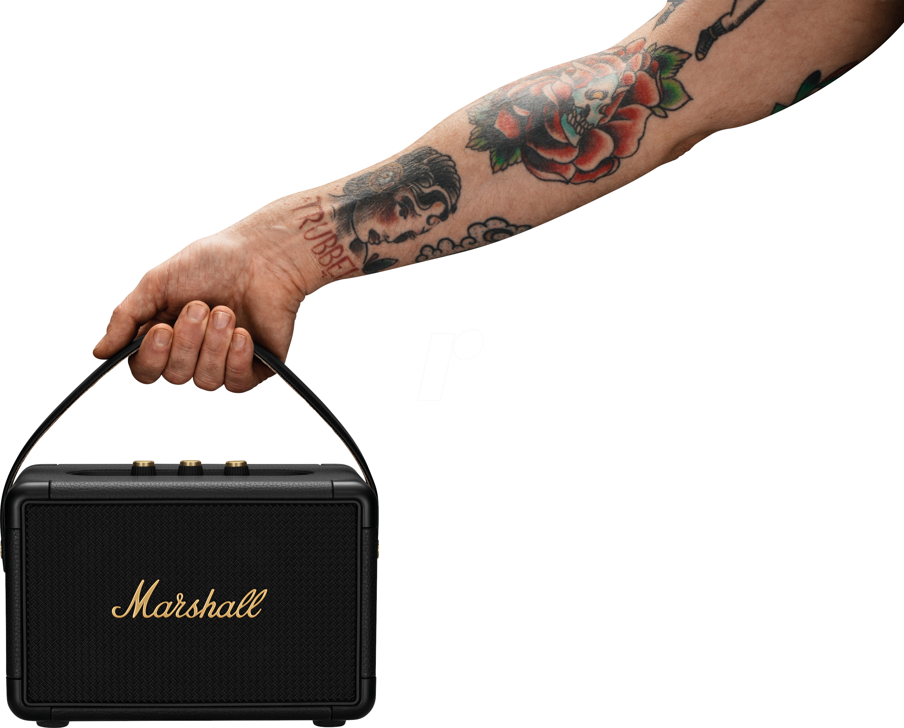 A man holds a black speaker with the Marshall logo. His arm is covered in tattoos, and the background is white.