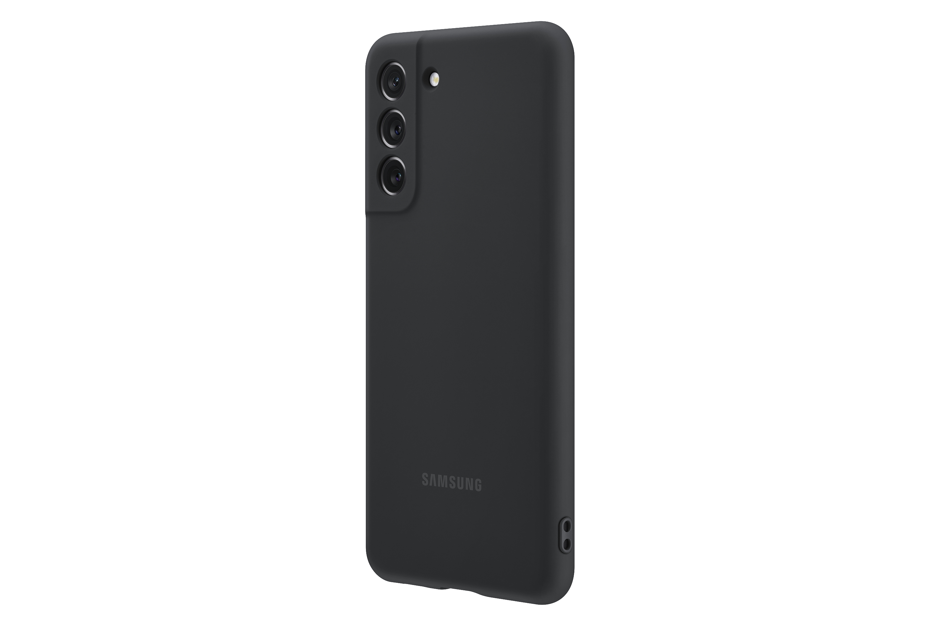Schwarze Telefonhülle mit drei Kameras und dem Samsung-Logo.