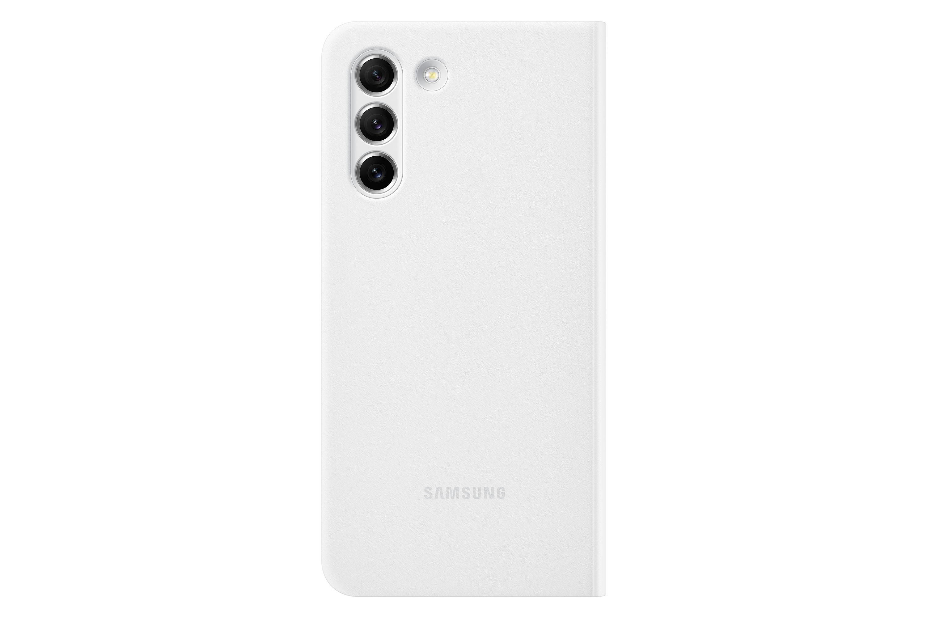 Weiße Samsung-Handyhülle mit drei Kameralinsen.