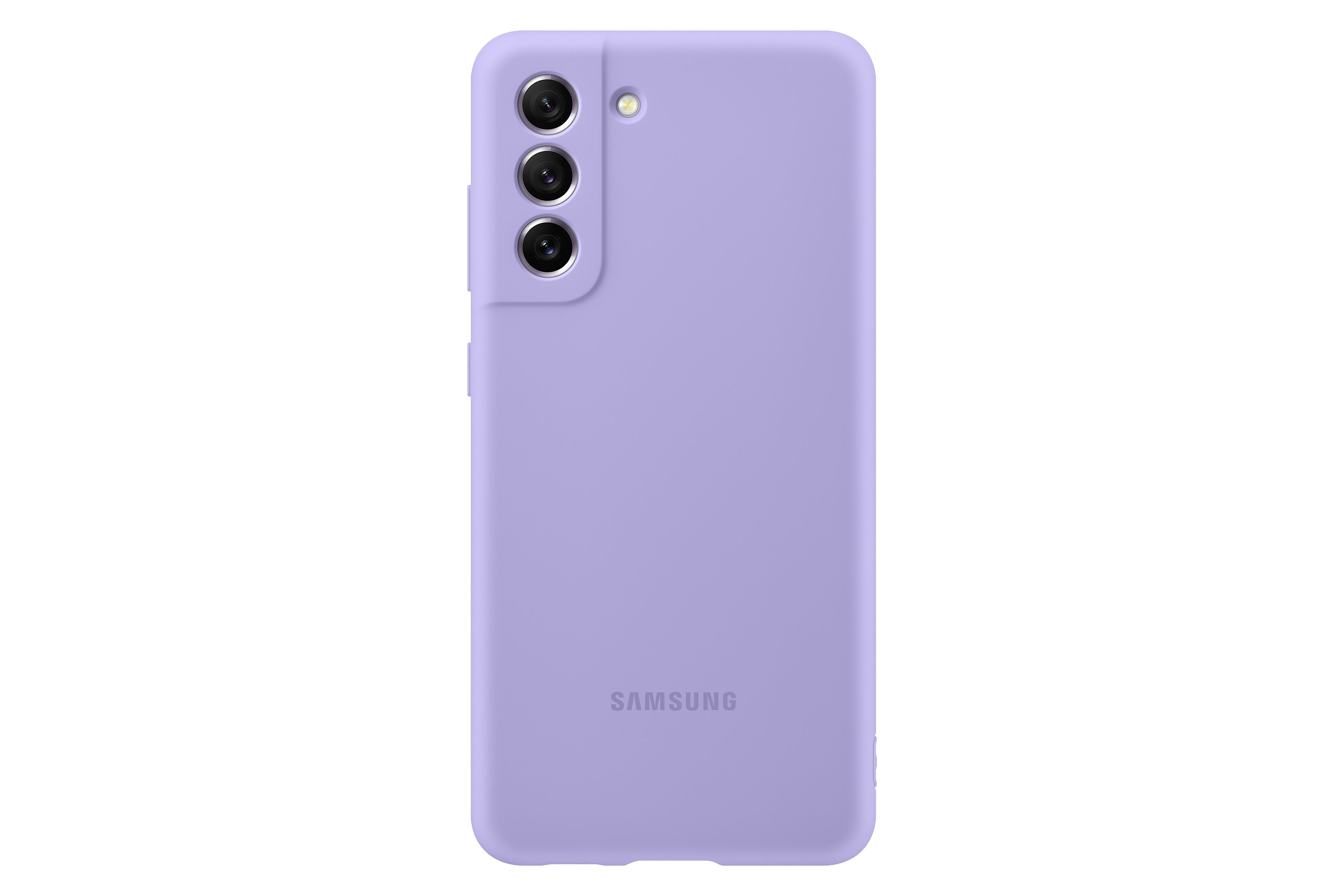 Die Rückseite eines lila Telefons mit dem Samsung-Logo.
