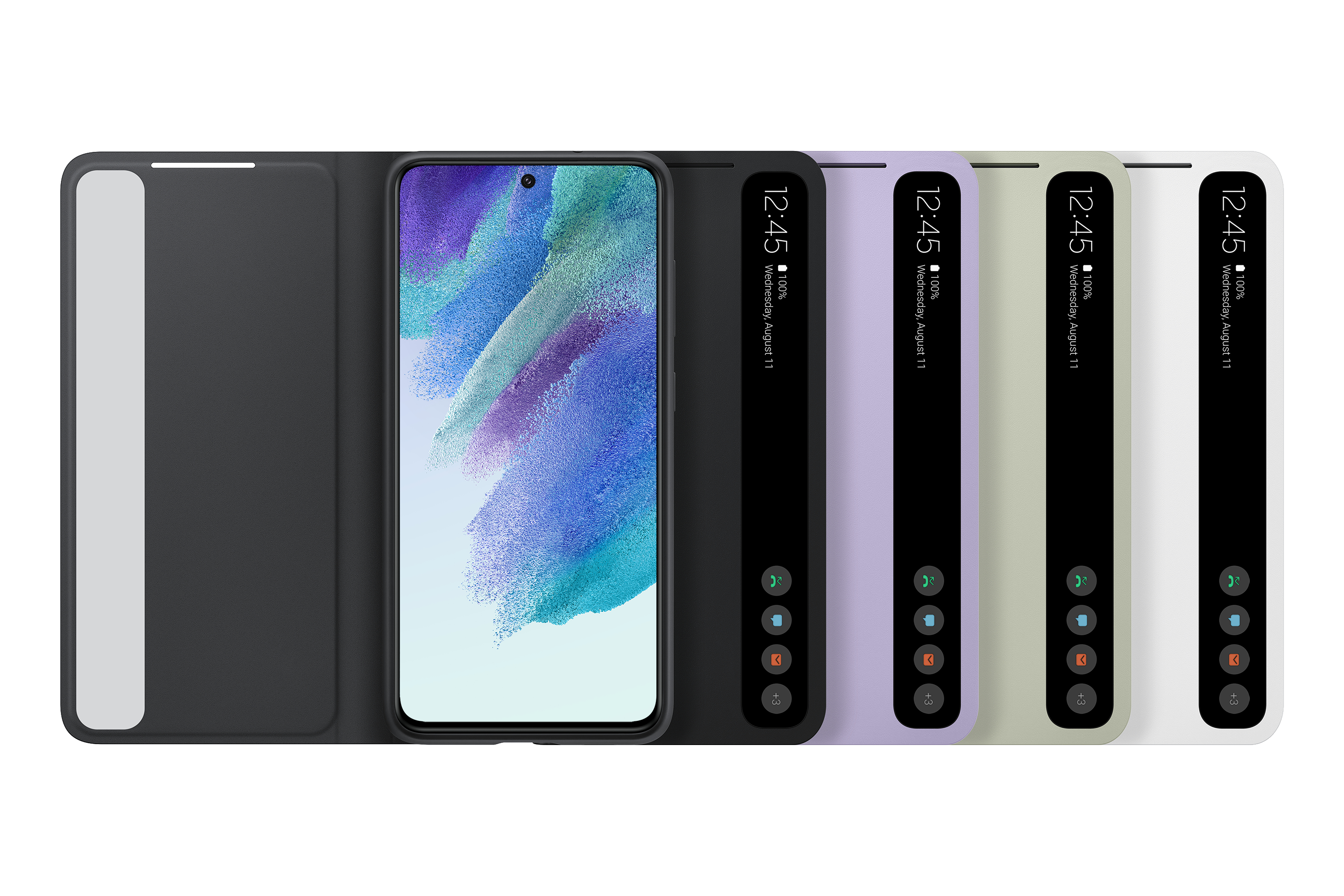 Ein Samsung-Telefon mit Hülle. Mehrere Hüllenfarben: Schwarz, Lila, Grün und Weiß.