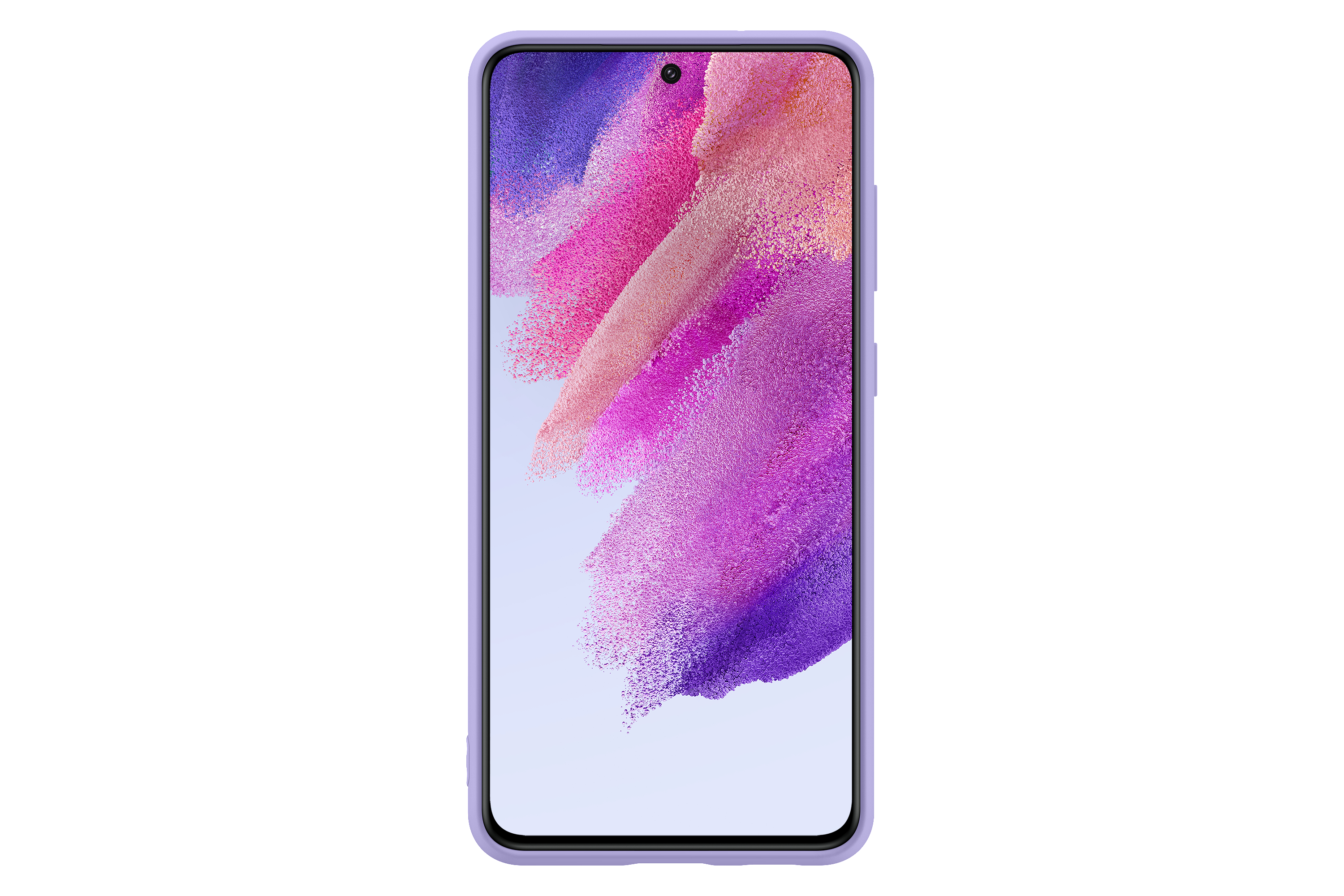 Ein lila Smartphone auf weißem Hintergrund, das ein abstraktes, farbenfrohes Hintergrundbild auf dem Bildschirm zeigt.