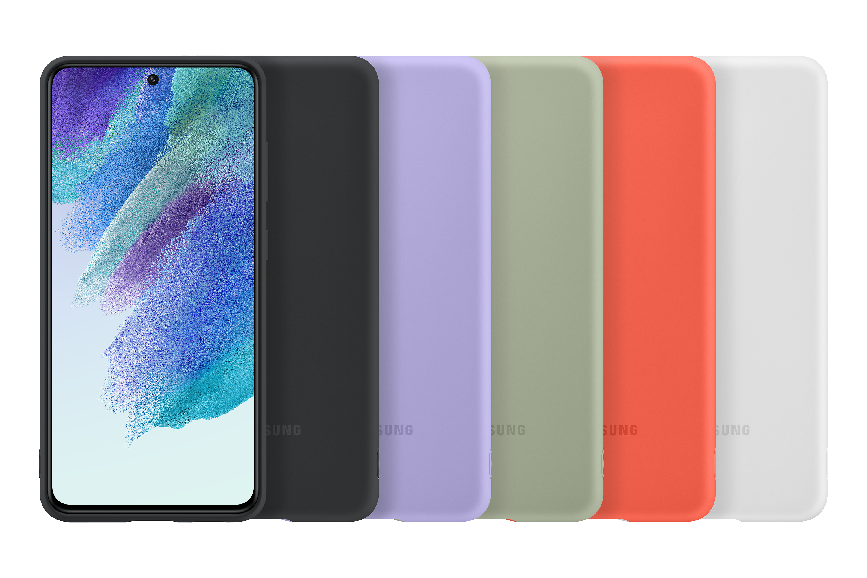 Fünf Handyhüllen in einer Reihe: Schwarz, Lila, Olivgrün, Orange und Weiß, mit einem Telefon.