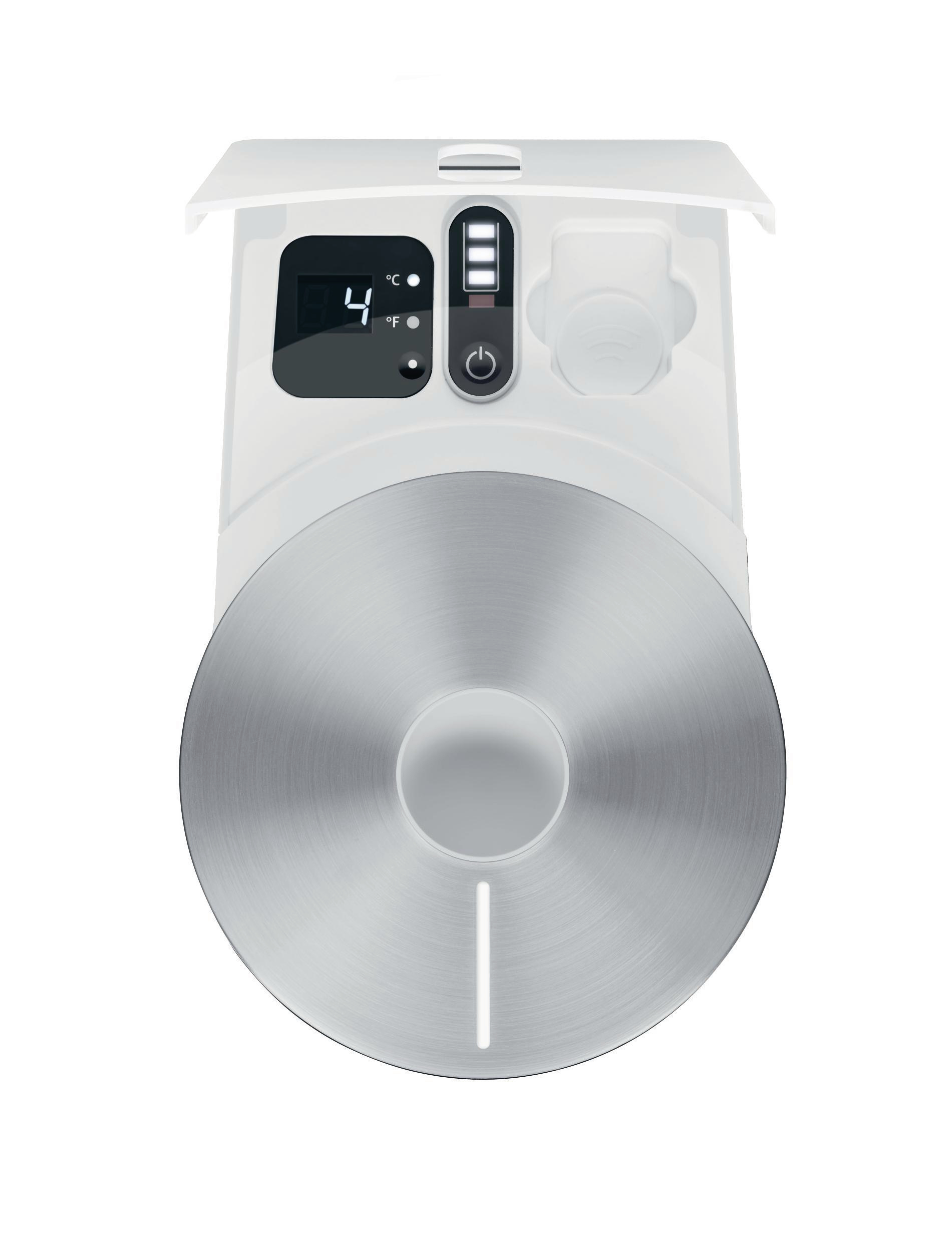 Smart Home Wasserkocher mit Display, Tasten und einem metallischen Wasserbehälter.