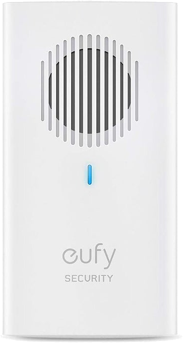 Appareil eufy Security blanc avec haut-parleur et lumière bleue. Fond blanc.