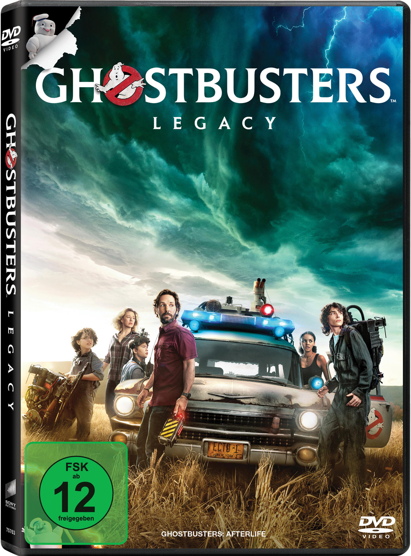 Ghostbusters Legacy DVD Cover mit Cast, Ecto-1 und stürmischem Himmel.