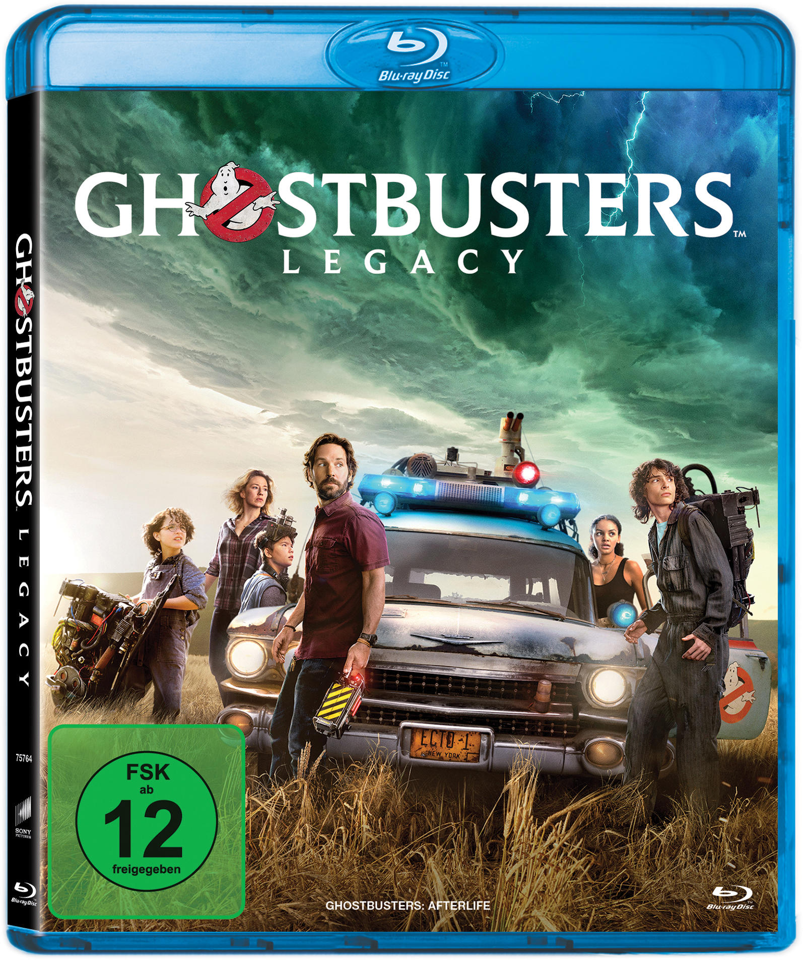 Blu-ray-Disc-Cover für Ghostbusters: Legacy. Bild der Besetzung mit Ecto-1.