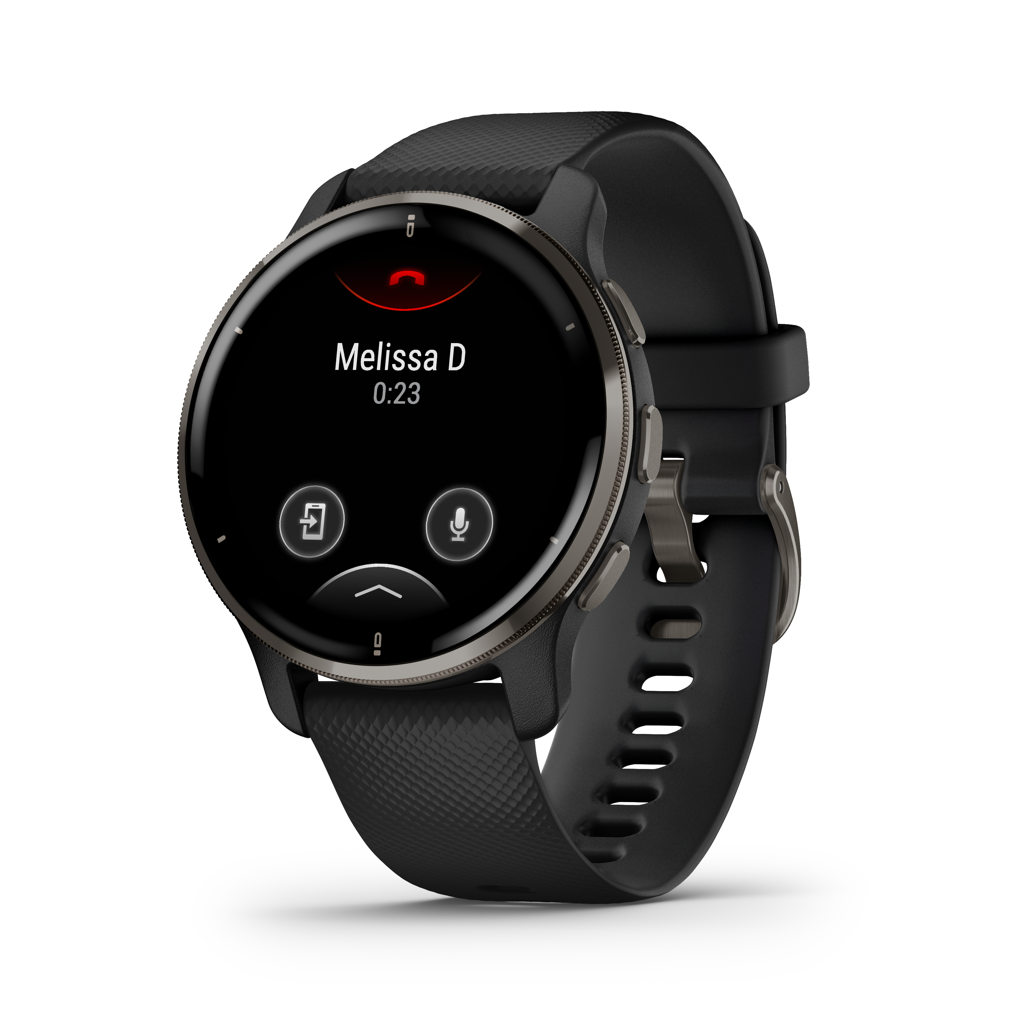 Schwarze Smartwatch zeigt einen Anrufbildschirm mit Anrufernamen und Anrufdauer. Weißer Hintergrund.