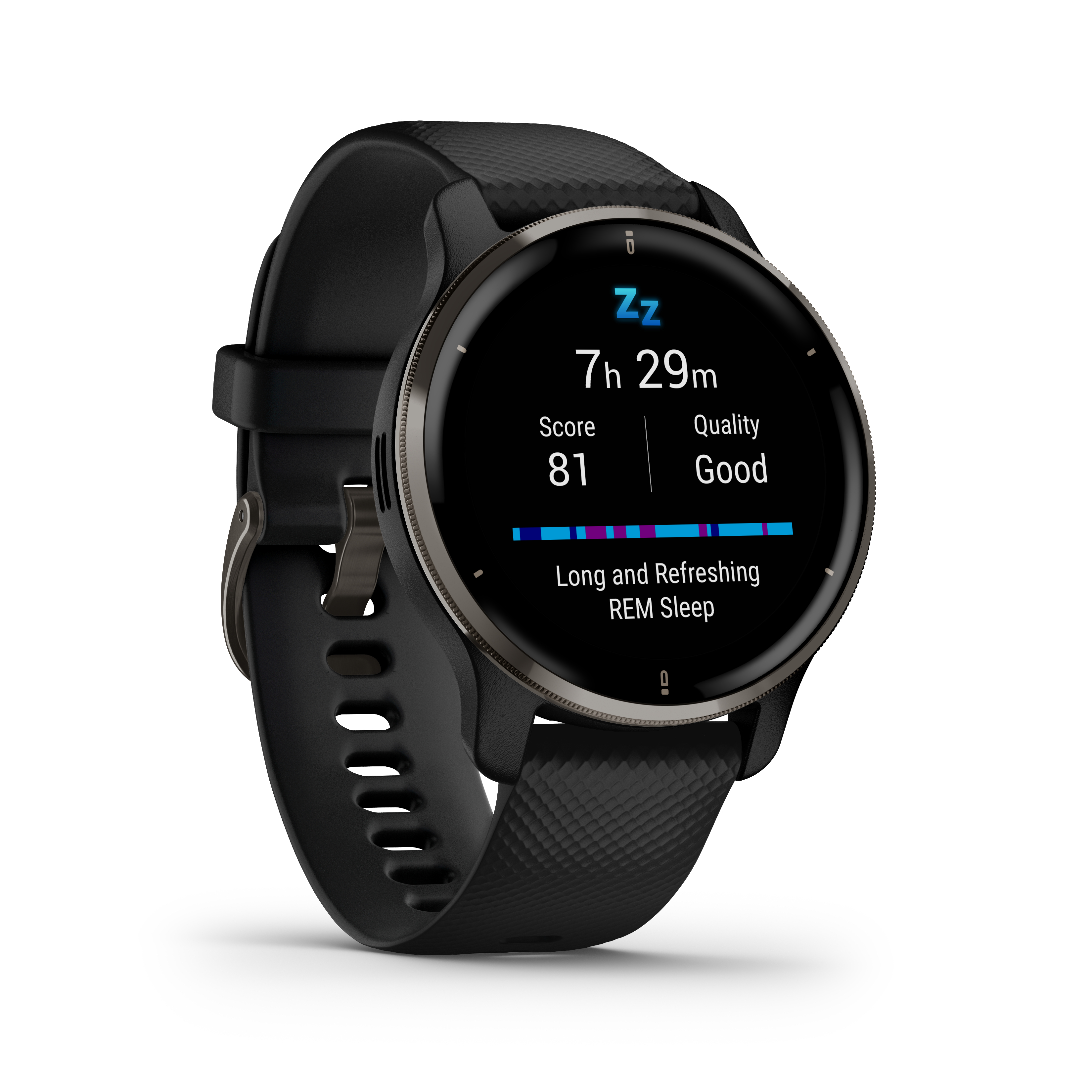 Schwarze Garmin Smartwatch auf weißer Oberfläche. Zeigt Schlaf-Score und Zeit an.
