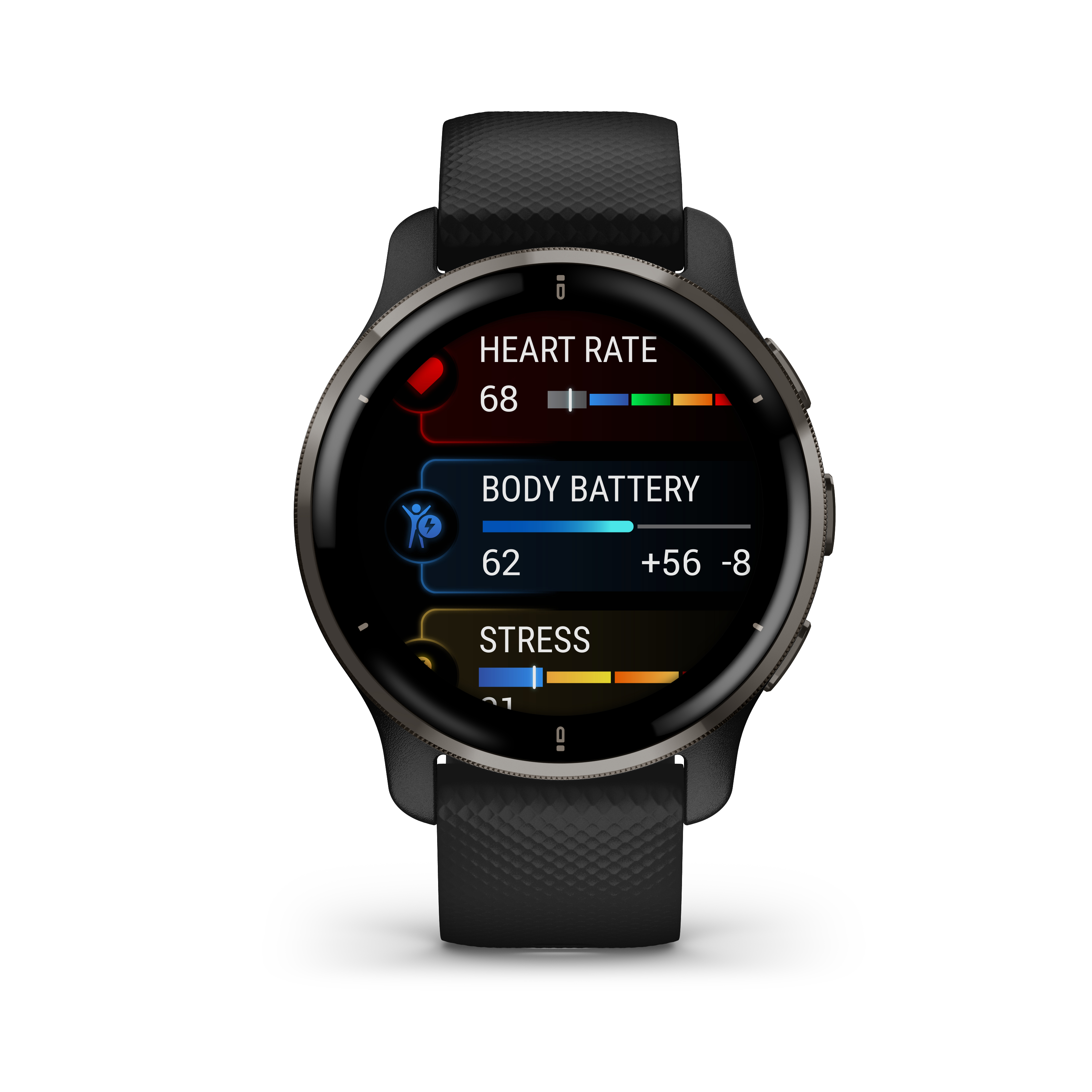 Schwarze Smartwatch zeigt Herzfrequenz, Körperbatterie und Stresslevel auf weißem Grund.