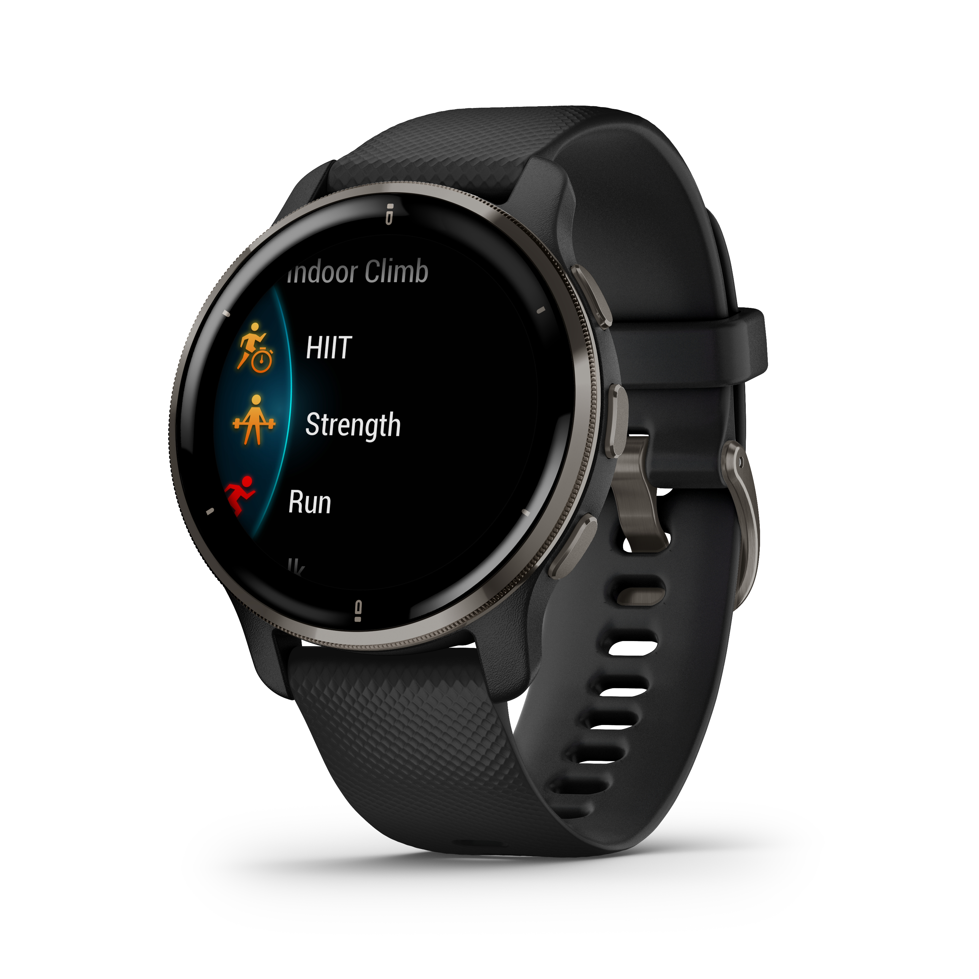 Schwarze Garmin Smartwatch mit rundem Display, Workout-Optionen und schwarzem Armband.