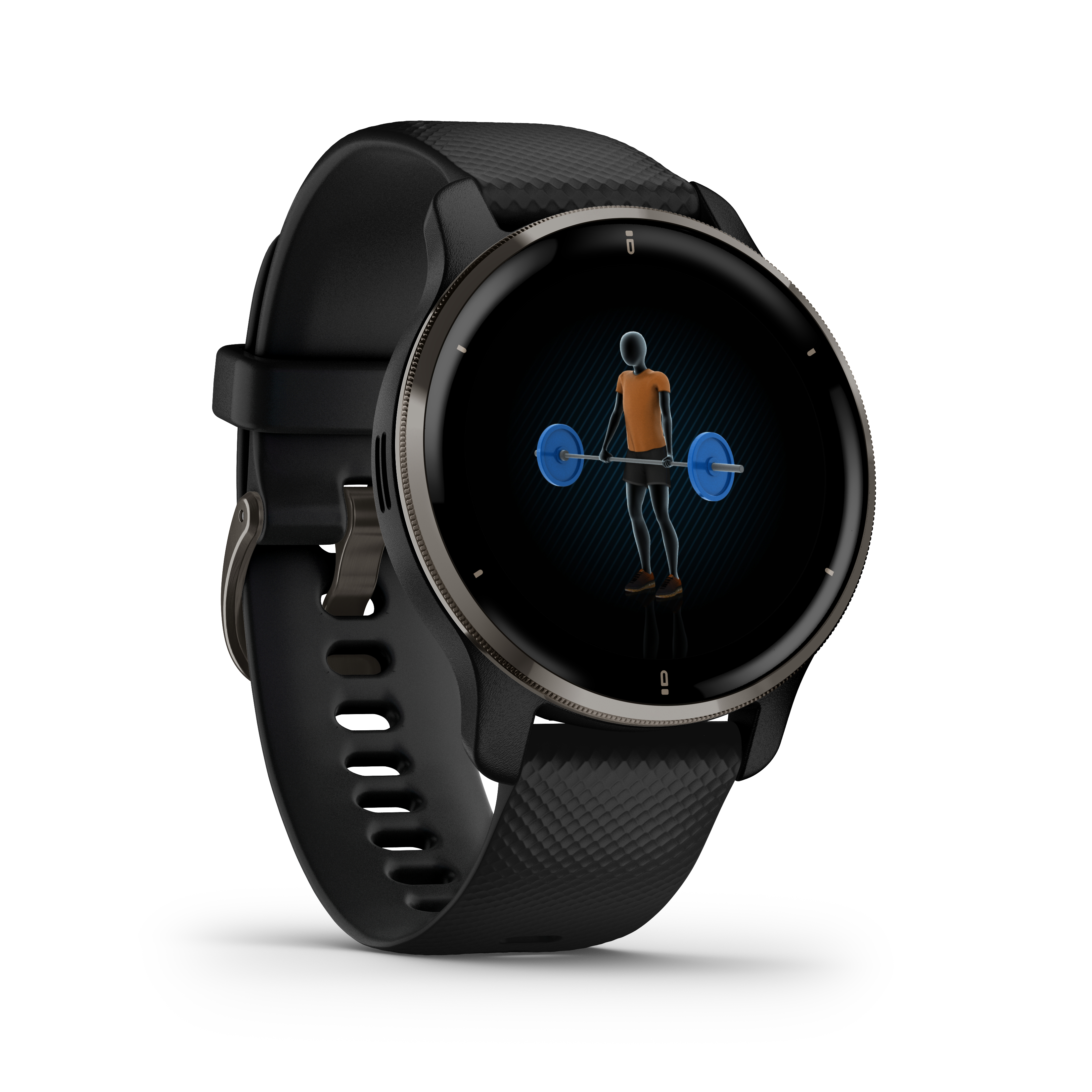 Schwarze Smartwatch mit Mann, der Hantel stemmt, schwarzes Armband. Weißer Hintergrund.