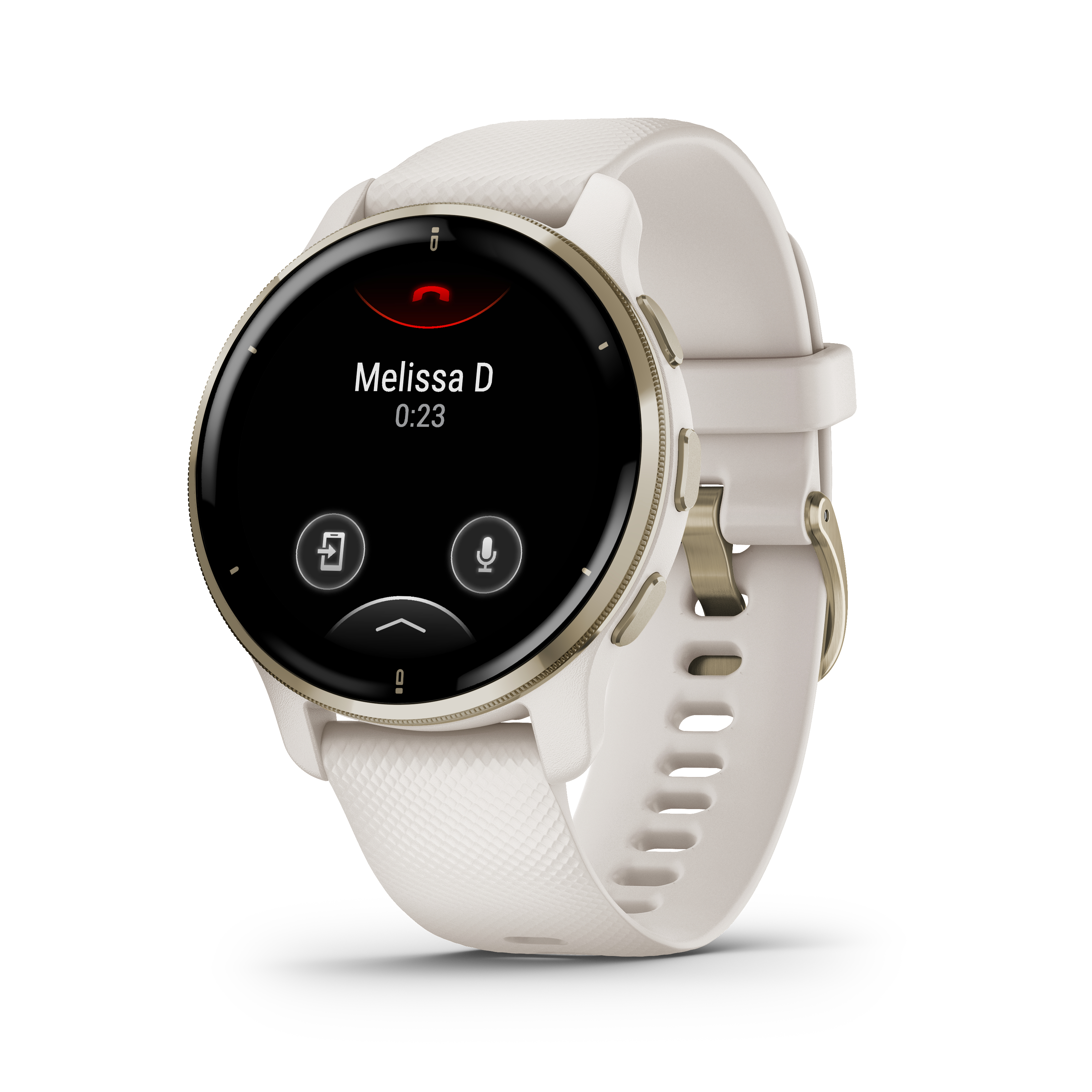 Eine weiße Smartwatch zeigt einen Anruf von Melissa D auf dem Bildschirm.