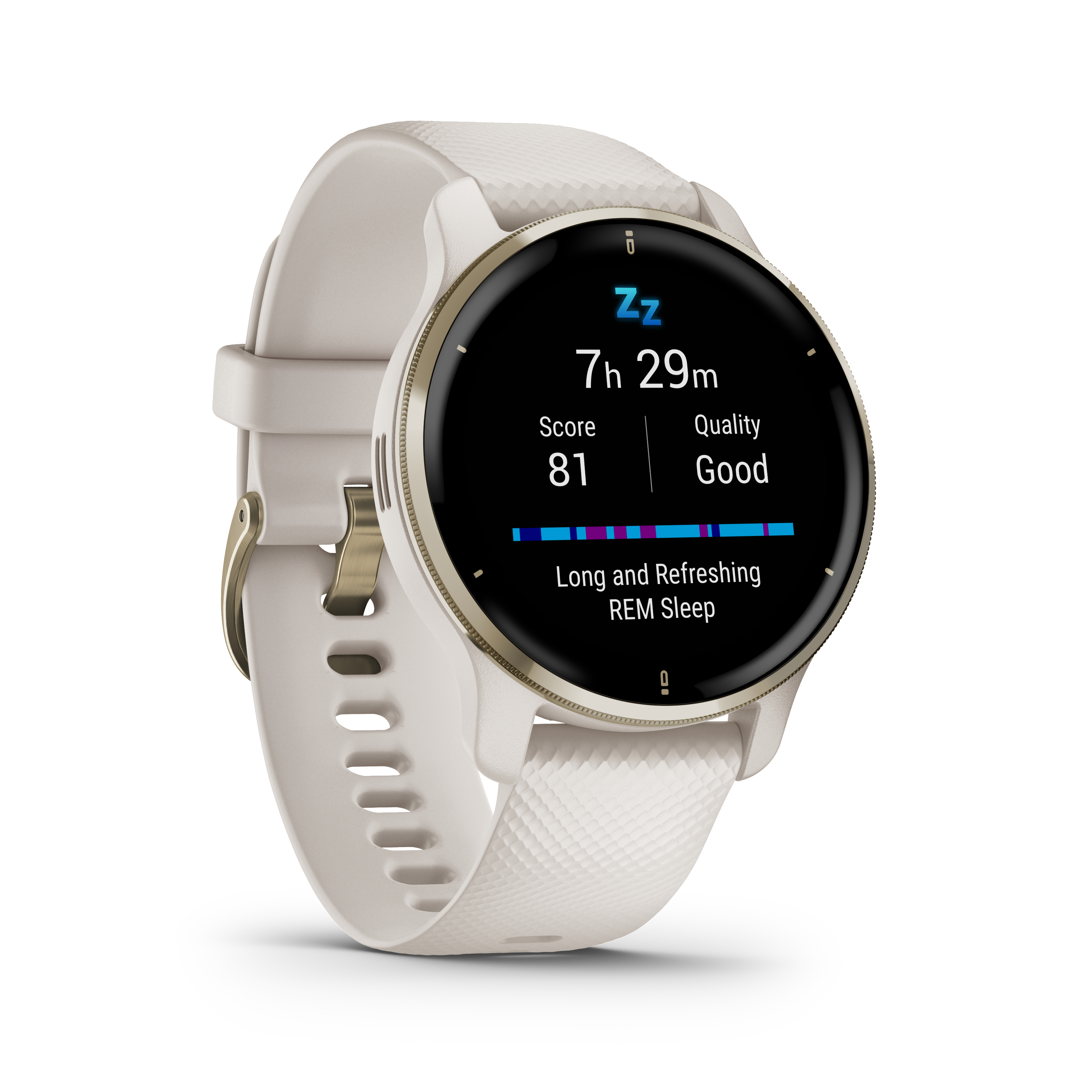 Eine weiße Smartwatch zeigt Schlafinformationen: Schlafdauer, Bewertung und Qualität. Das Armband ist weiß und gold.