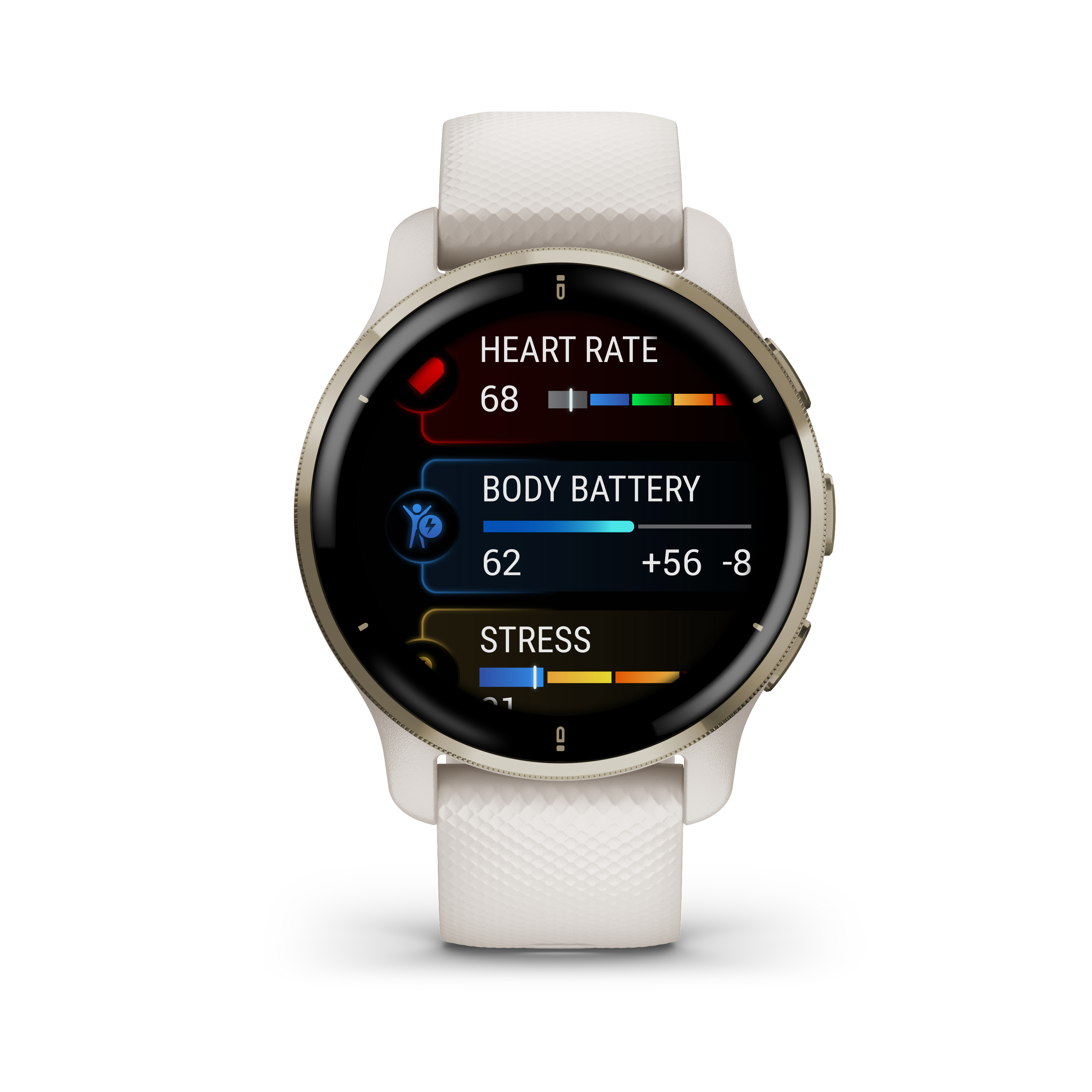 Smartwatch zeigt Herzfrequenz, Körperbatterie und Stresslevel mit weißem Armband.