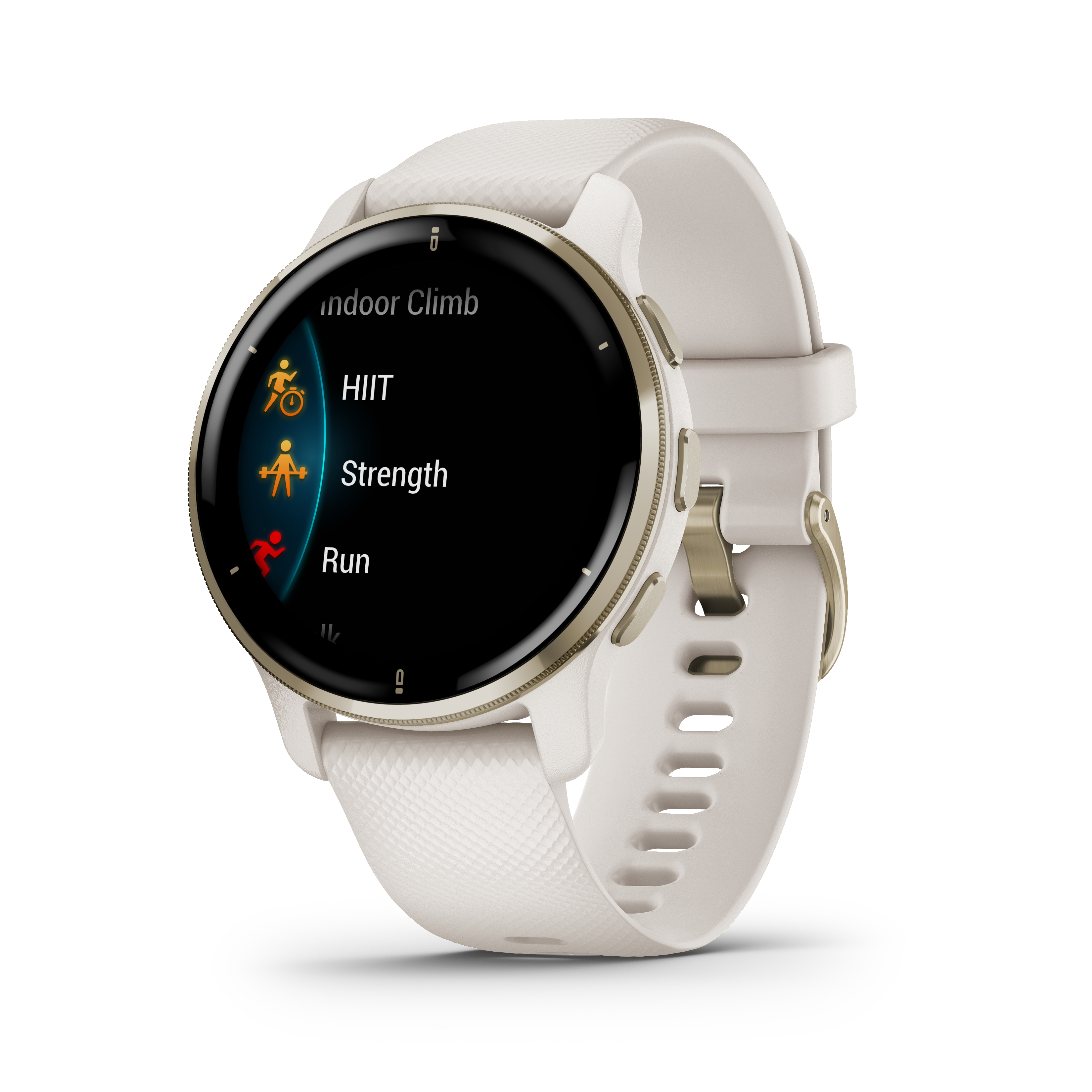 Weiße Garmin Smartwatch mit Aktivitätsoptionen auf schwarzem Bildschirm. Goldakzente.