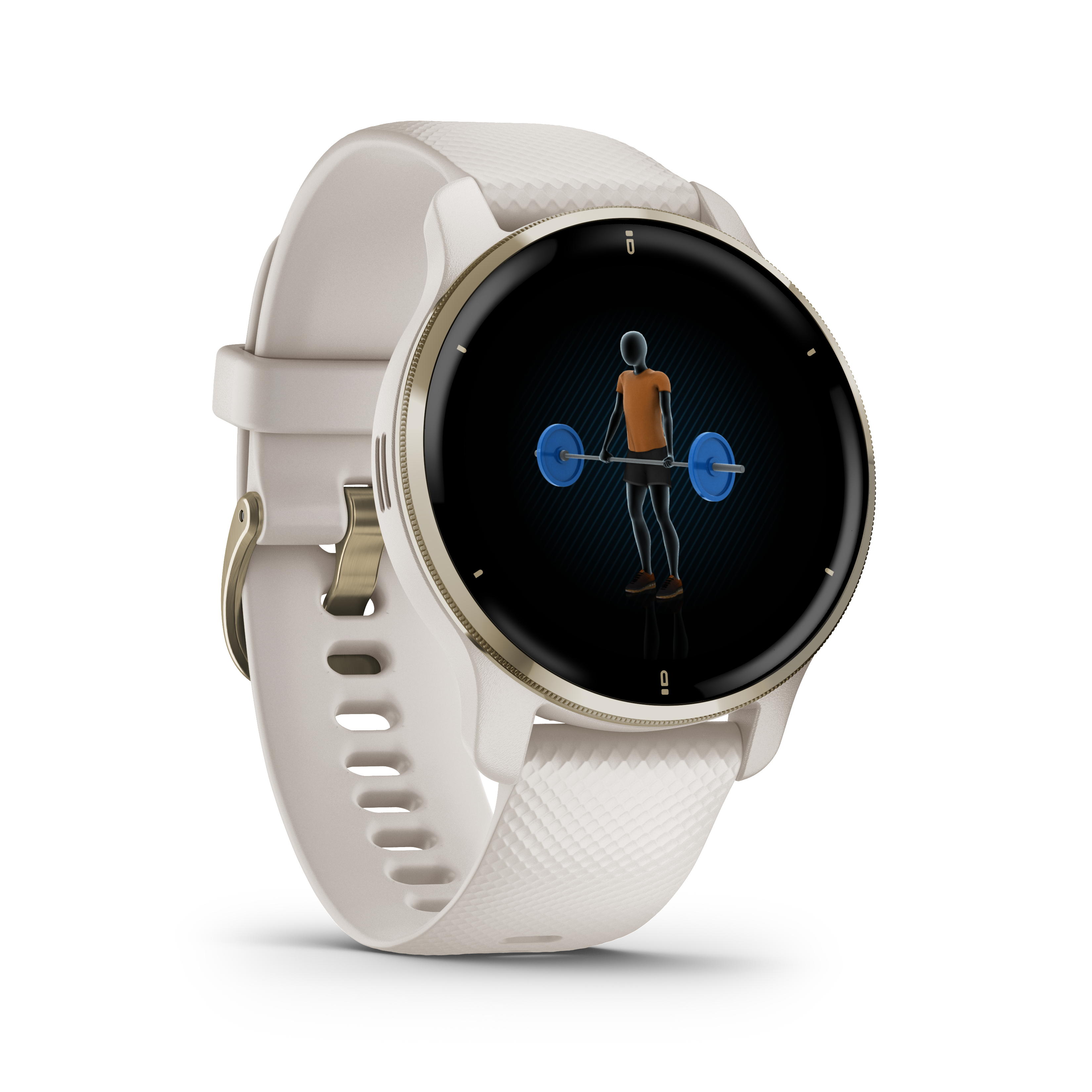 Eine weiße und goldene Smartwatch mit einem schwarzen Bildschirm, der eine Gewichtheberfigur zeigt.