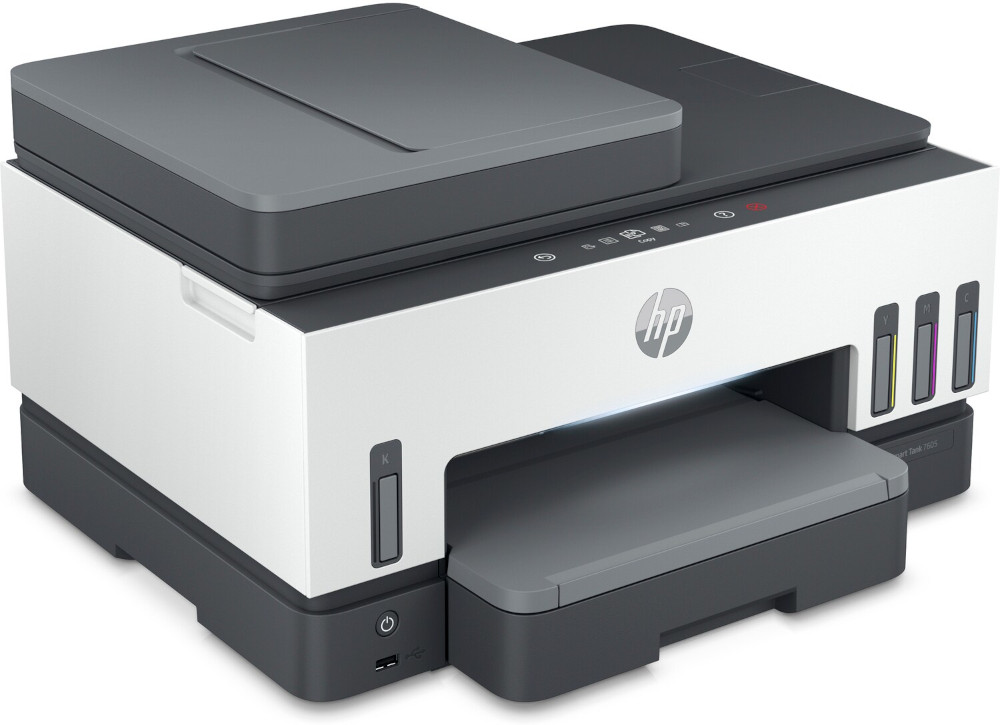 White and grey HP printer with ink tanks and a paper tray extended.