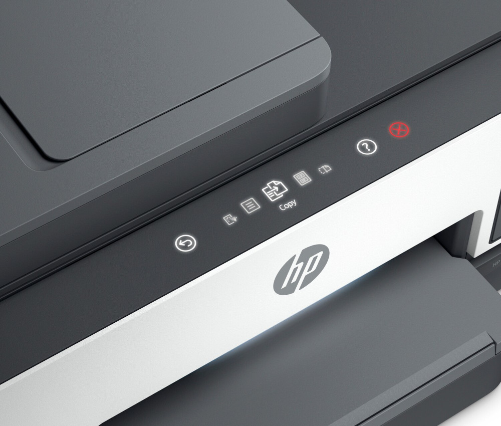 HP printer, white and gray, with control panel and logo.