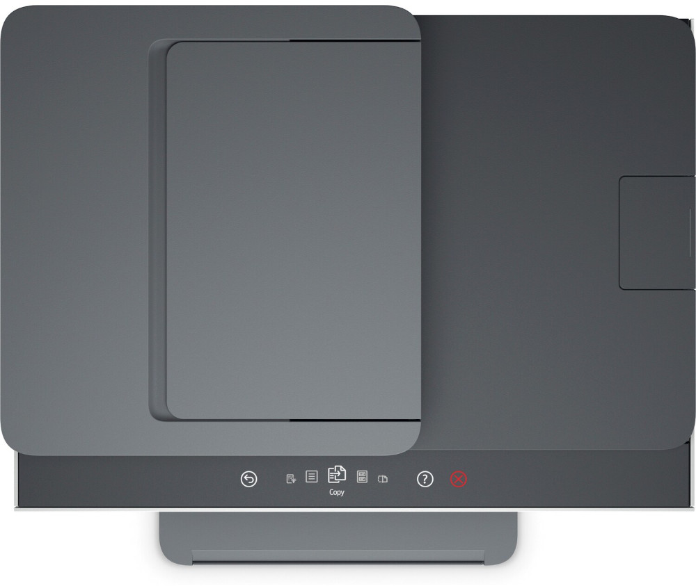 Top view of a grey printer with a flatbed scanner and control panel.