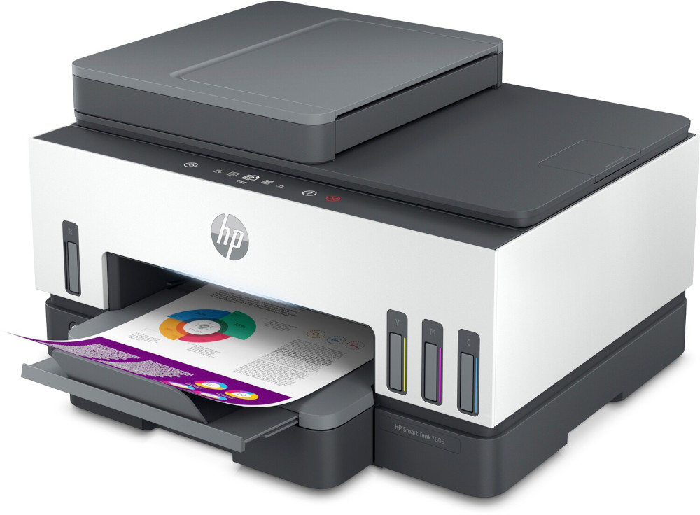 White and gray HP printer with paper output. Contains ink tanks. A printed document is visible on output tray.