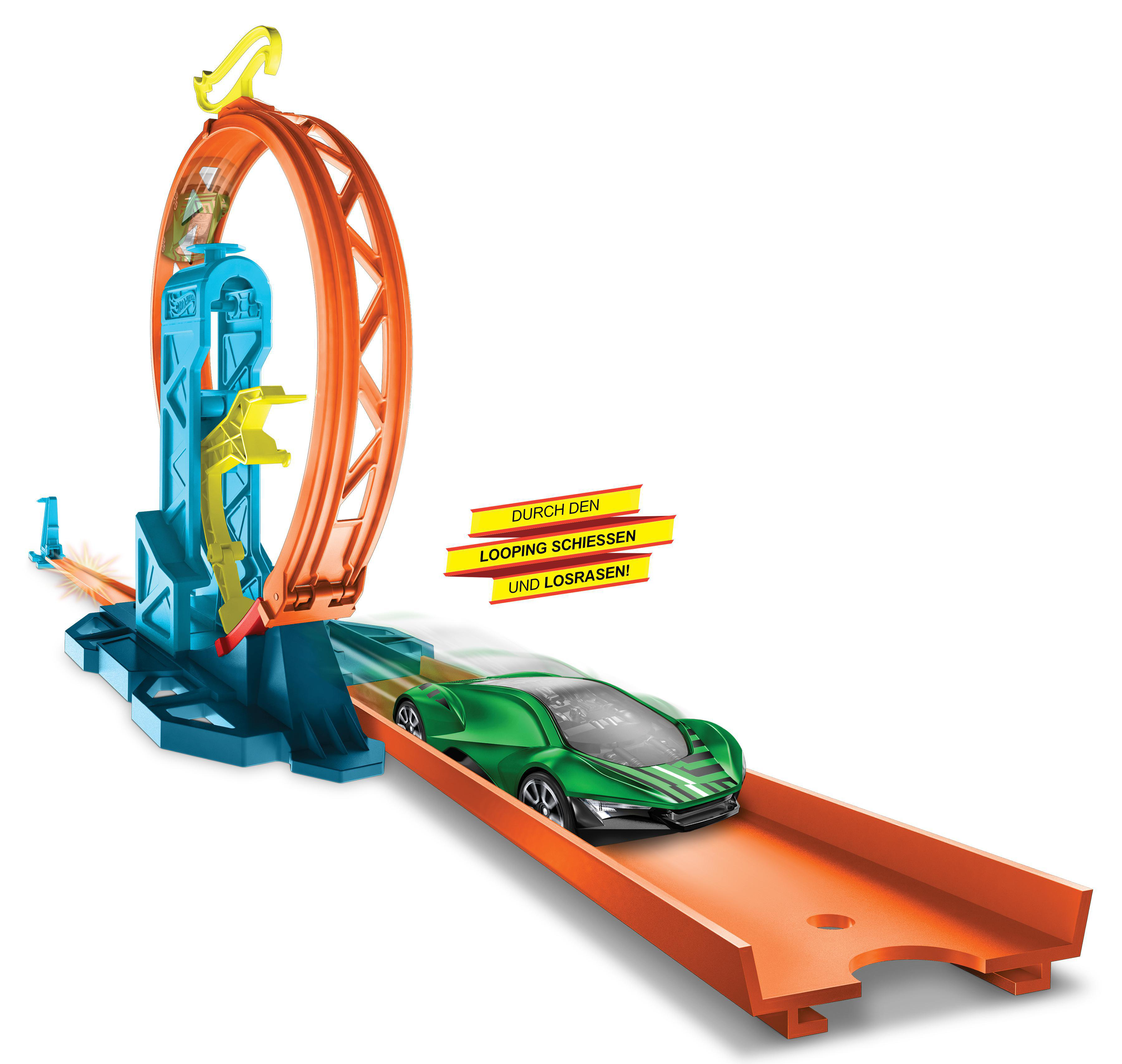 Ein grünes Spielzeugauto auf einer orangefarbenen Strecke. Die Strecke hat eine Schleife und ist Teil eines Hot Wheels-Sets.