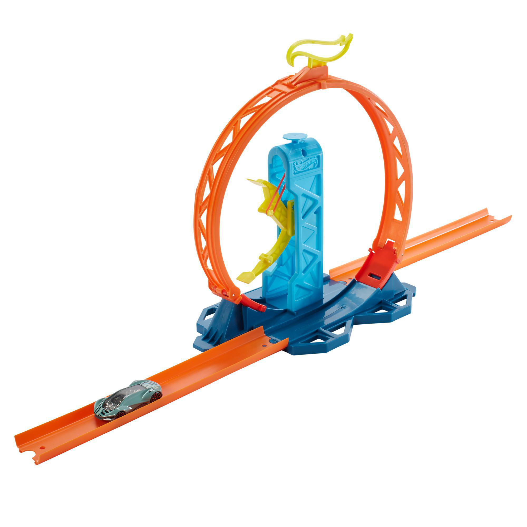 Eine Hot Wheels-Strecke mit einer orangen Schleife, einem blauen Sockel und einem blaugrünen Auto. Gelbe und blaue Teile stützen die Schleife.