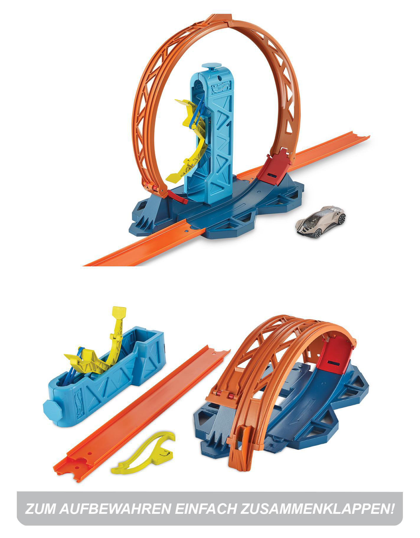 Hot Wheels-Streckenset mit einer Schleife. Es hat eine orangefarbene Strecke und blaue Stützen. Ein Spielzeugauto ist ebenfalls sichtbar.