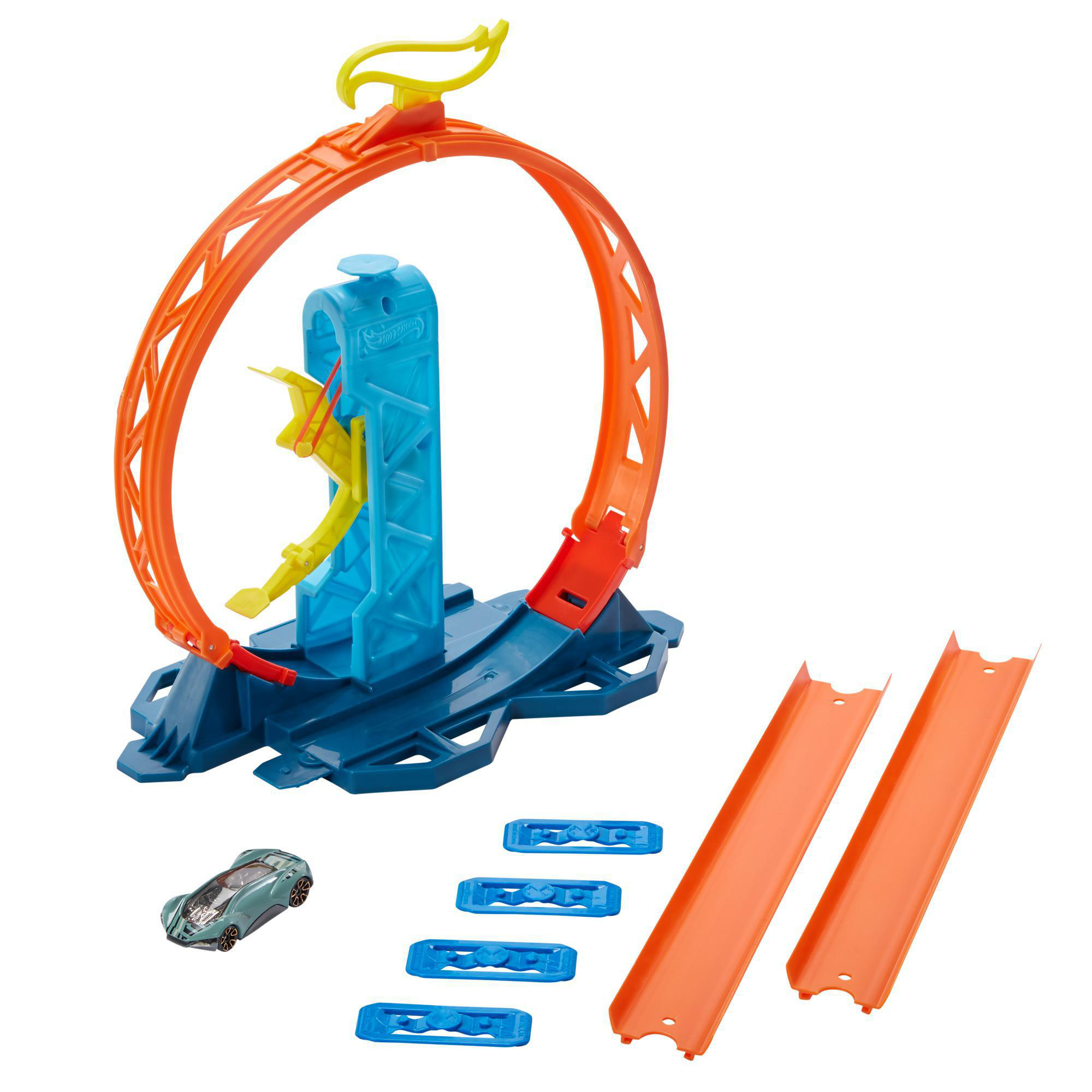 Ein Hot-Wheels-Streckenset mit einer Schleife, einem Auto und mehreren Streckenteilen. Das Set ist blau, orange und gelb.