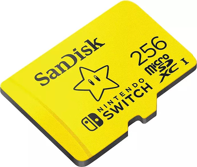 Yellow SanDisk Micro SD card with Nintendo Switch logo and star design.