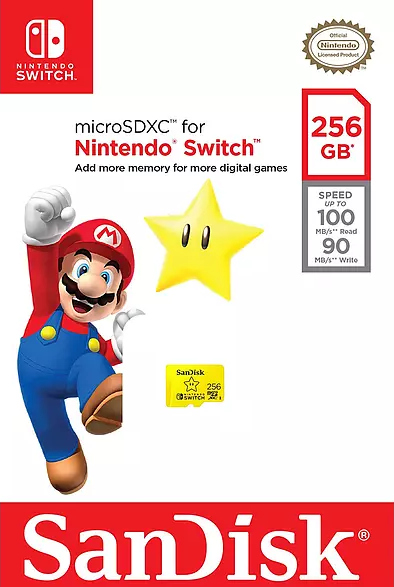 Nintendo Switch game card packaging: Mario, a star, and memory card details.