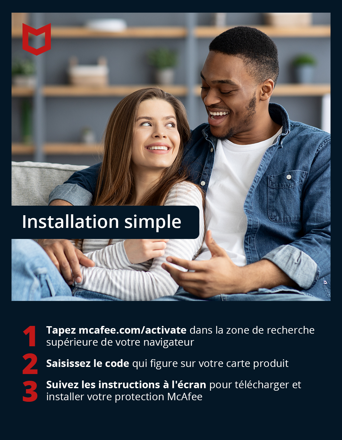 Un couple se souriant avec des instructions d'installation en bas.