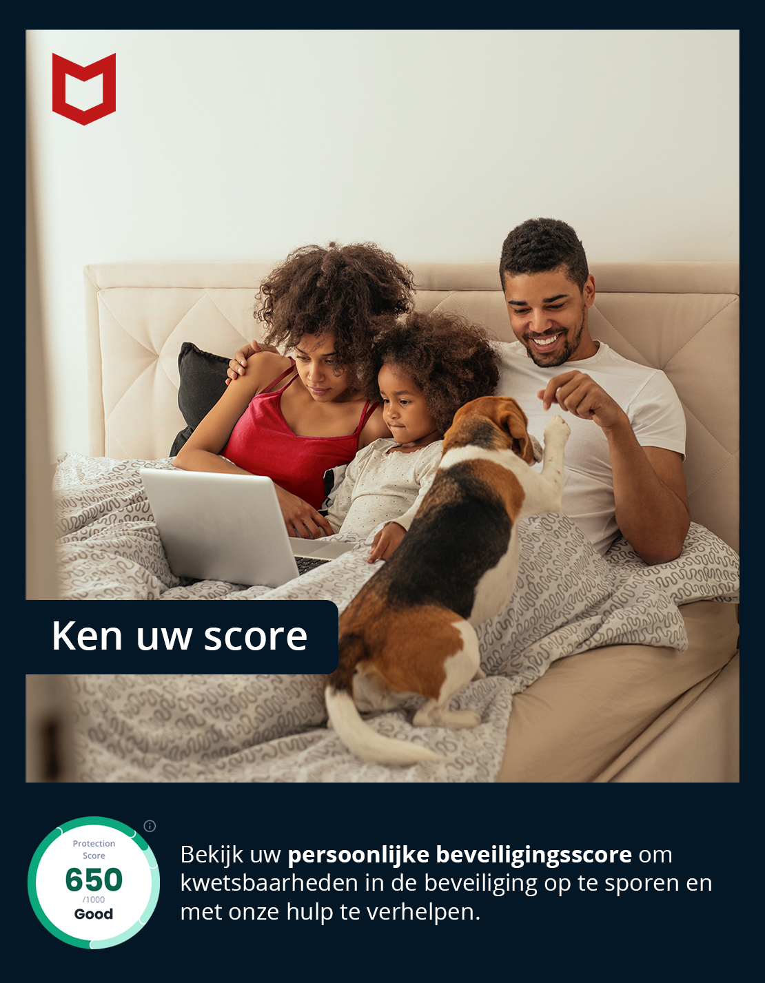 Famille au lit regardant un ordinateur portable, avec un chien. Texte : Connaissez votre score et votre score de protection.
