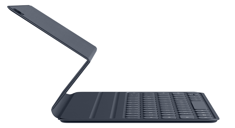 Sötétkék tablet billentyűzet. A billentyűzet nyitva és szögben van, a gombok és a belső láthatók.