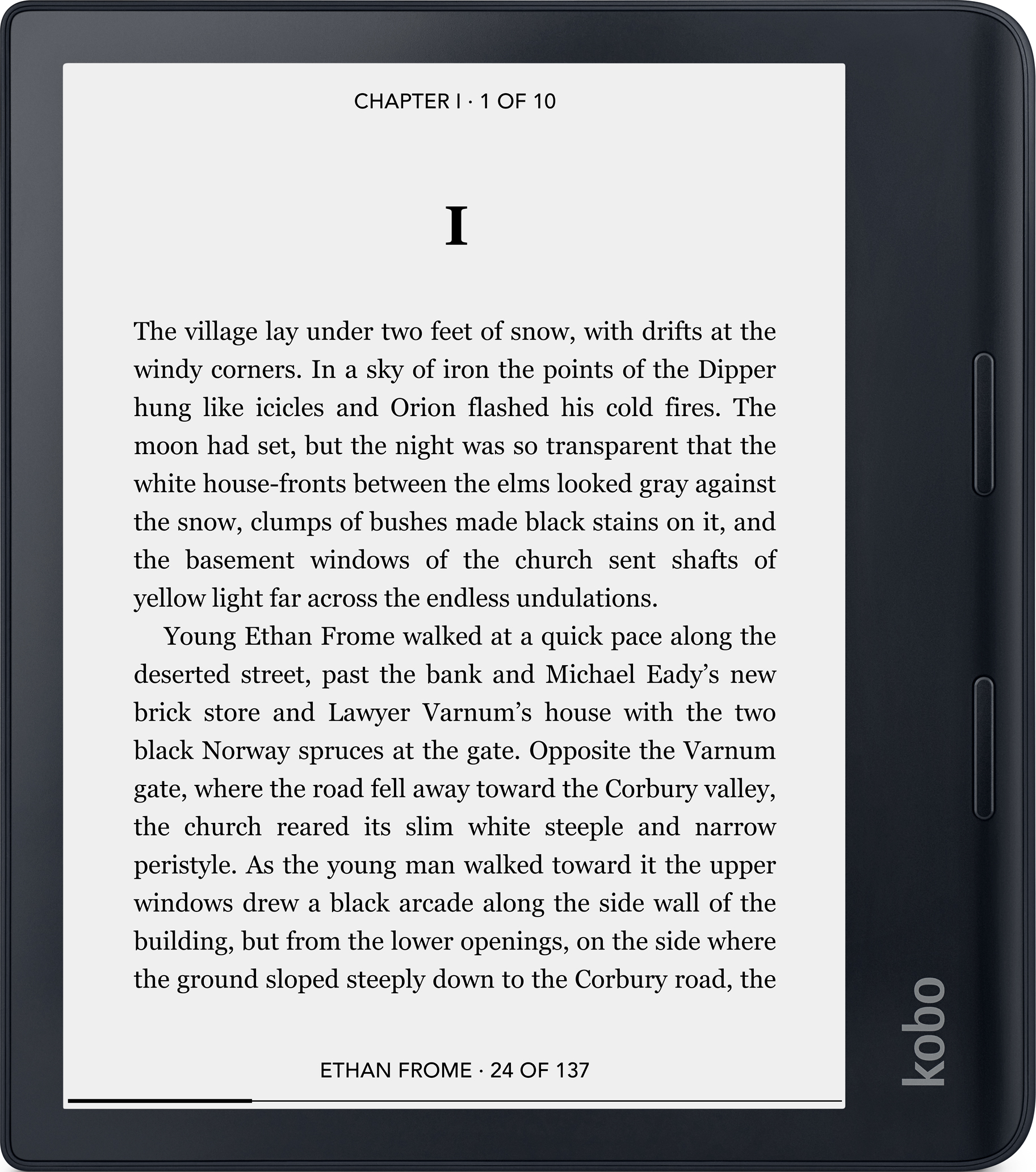 Ein schwarzer E-Reader, der Text auf seinem Bildschirm anzeigt. Das Wort 'kobo' ist sichtbar.
