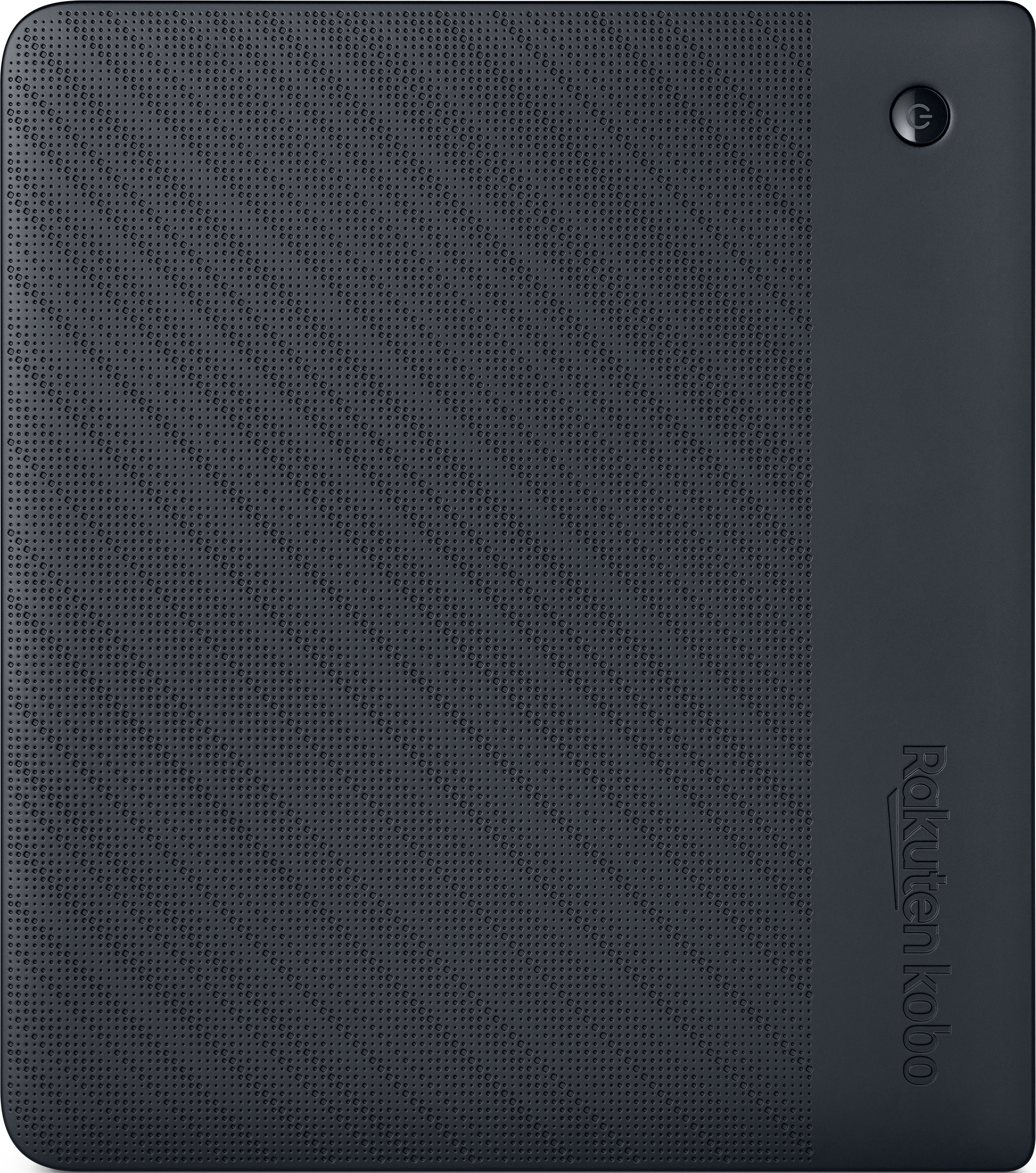 Dunkelgrauer Rakuten Kobo E-Reader mit strukturierter Rückseite und Logo.