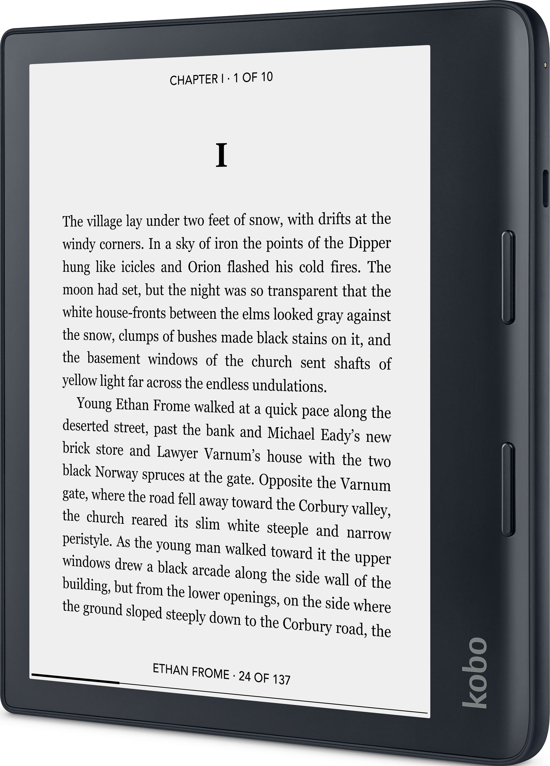 Ein E-Book-Reader zeigt Text an. Kapitel 1 von 10. Der Reader ist schwarz, auf weißem Untergrund.