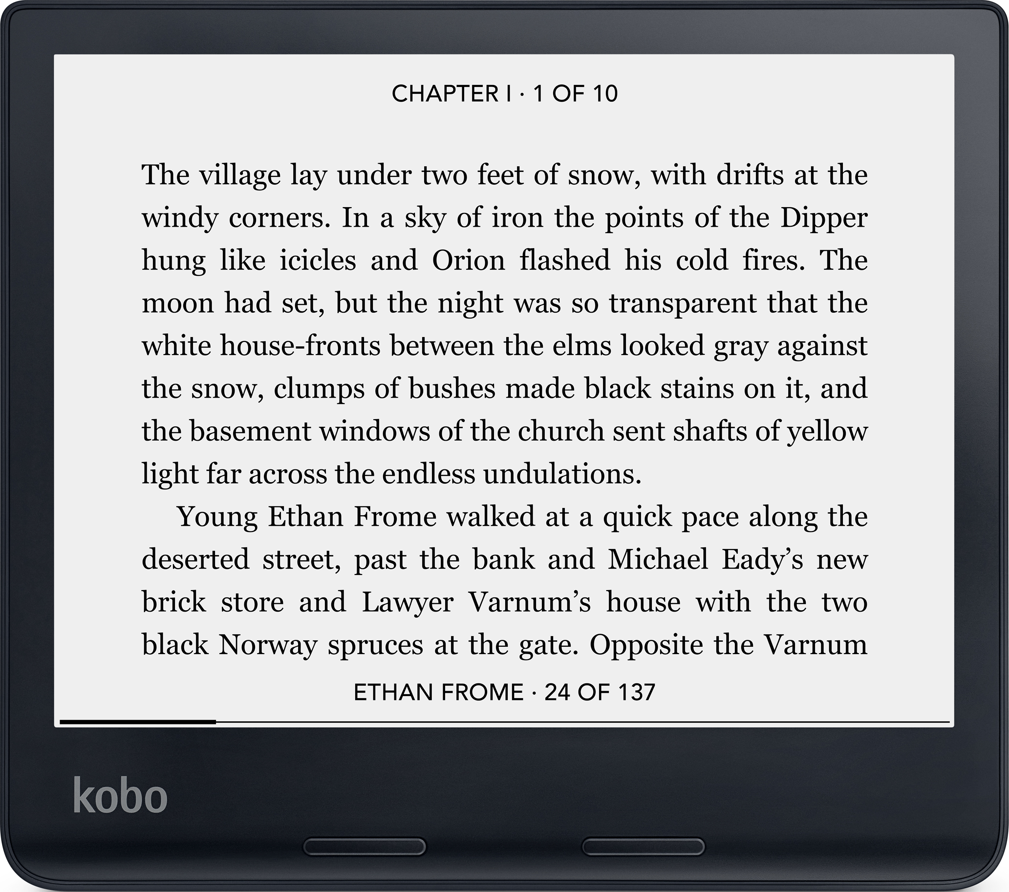 E-Reader, der Text aus einem Buch zeigt. Der Titel steht oben, die Seitenzahl unten.